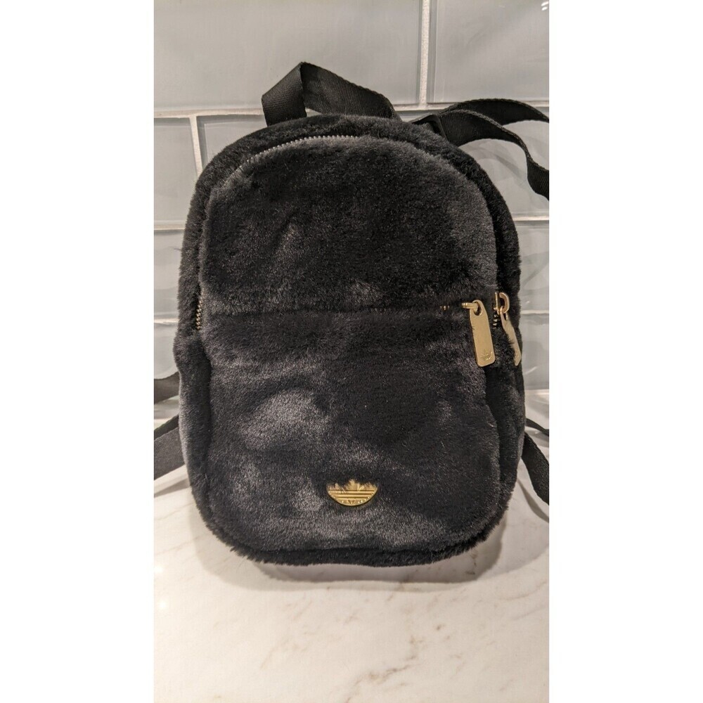 ADIDAS Black Faux Fur Adjustable Mini-Backpack Gold Trefoil Hardware - Picture 16 of 16